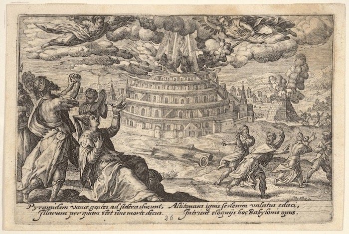 Destruction of the Tower of Babel: at right men and women flee from the burning tower, at left men and women raise their hands toward two flying angels, from a series of engravings made for the first edition of the 'Liber Genesis'
